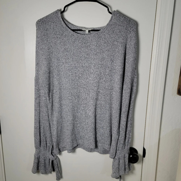 Lucky Brand Gray Knit Top | Tie Bow Bell Sleeves | Elegant Longsleeve | Small - Picture 1 of 5